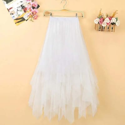 Mesh onregelmatige rok dames zoete geplooide rok middellange A-lijn garen rok nieuwe stretch hoge taille roze pof cake rok S wit