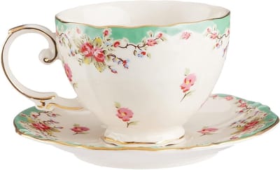 Porseleinen Theekop en Schotel - Theeservies Vintage - Thee Drinken - Gouden Rand - 210 ml - Groen