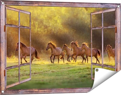 Gards Tuinposter Doorkijk Kudde Bruine Paarden in de Wei - 90x60 cm - Tuindoek - Tuindecoratie - Wanddecoratie buiten - Tuinschilderij