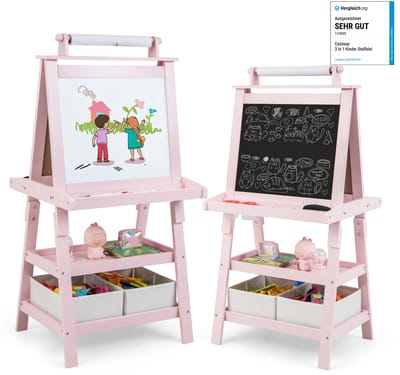 COSTWAY 3-in-1 kinderschildersezel, kinderbord dubbelzijdig, whiteboard & krijtbord & tekenpapier, staande tafel incl. magneten, 2 planken houten bord met 2 opbergdozen (roze)