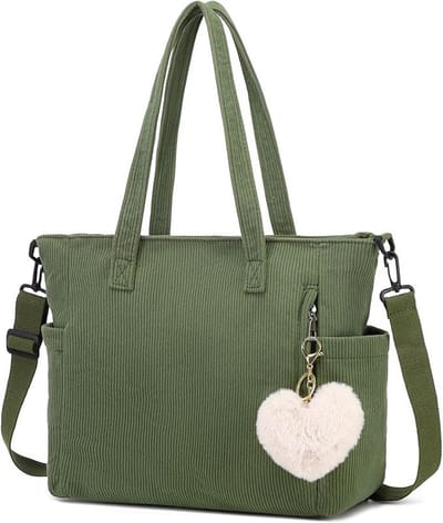 Famanu - Cord Tote Bag tas dames schoudertas grote shopper tas handtas schoudertas voor werk kantoor reizen winkelen school, Kleur: Groen