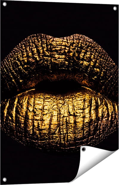Gards Tuinposter Gouden Lippen - 60x80 cm - Tuindoek - Tuindecoratie - Wanddecoratie buiten - Tuinschilderij