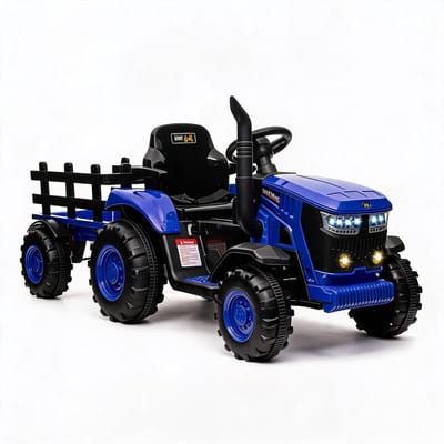 Danky Tractor - Elektrische Kindertractor 12V - Blauw - Aanhanger - 6 Banden & 2 Motoren - Bluetooth & LED