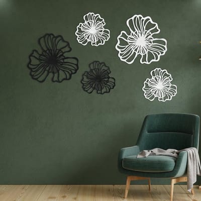 Set van 5 Metalen Wanddecoratie Bloemen - 3D Boho Muurdecoratie voor Woonkamer & Slaapkamer