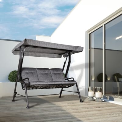Gartenschaukel-3-Zits-Schommelbank-Hollywoodschaukel 200x120x170cm Zwart Met Zonnescherm Verstelbaar Stabiel Stalen Frame Texteline Outdoor Comfort Stoel Voor Drie Personen
