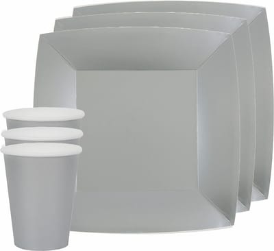 Santex feest/verjaardag servies set - 10x gebaksbordjes en bekertjes - zilver - karton