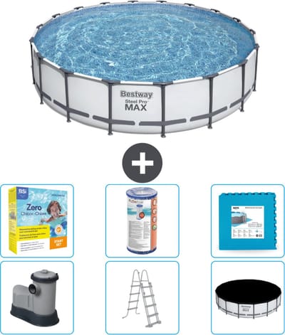 Bestway Rond Steel Pro MAX Zwembad - 549 x 122 cm - Grijs - Inclusief Pomp - Ladder - Afdekzeil Onderhoudspakket - Filter - Vloertegels