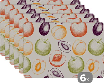 Placemat - Placemats kunststof - Patroon - Eten - Illustratie - 45x30 cm - 6 stuks - Hittebestendig - Anti-Slip - Onderlegger - Afneembaar