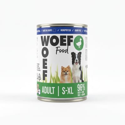 Woef Woef Adult - Natvoer Hond - Hondenvoer - Eend - 24 x 400g - Hypoallergeen - Graanvrij