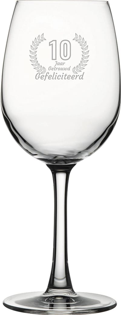Gegraveerde witte wijnglas 36cl Gefeliciteerd 10 jaar getrouwd