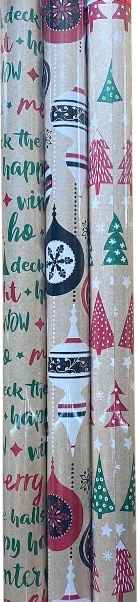 FESTIVE GIFTS Inpakpapier - Cadeaupapier - 200 x 70cm - 3 rollen - Kerst - Luxe Cadeauverpakking - Kleurrijk