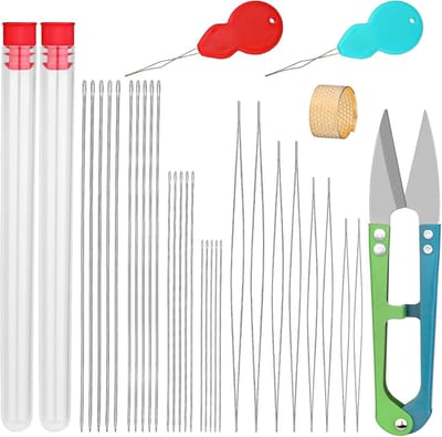 28 stuks parelnaaldenset met 20 stuks lange rechte pareldraadnaalden + 8 grote ogen parelnaalden, borduurnaalden met naaldfles, vingerhoed, naaldinrijger voor het maken van sieraden
