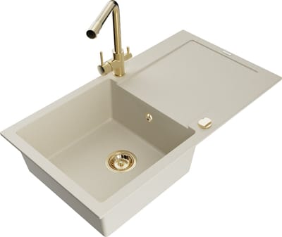 Mexen Leo granieten spoelbak met 1 bak, afdruiprek en Duero keukenmengkraan, beige- 6501-69-671600-50
