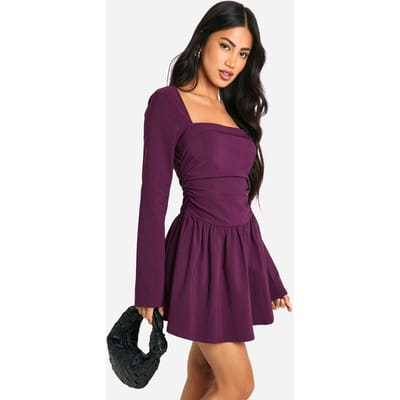 boohoo Dames Square Neck Long Sleeve Skater Mini Dress | Plum | Maat: 16