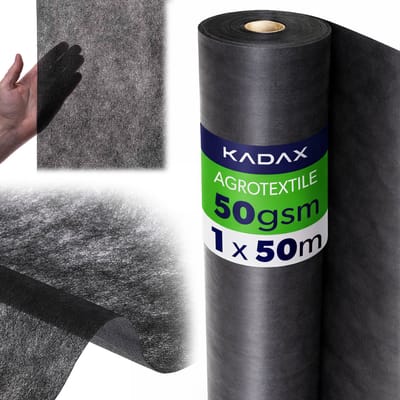 KADAX Onkruidbestrijdingsdoek 1 x 50 m, 50 g/m², Zwart, Tuinvlies van polypropyleen, Waterdoorlatend mulchvlies tegen onkruid, Onkruidbestrijdingsfolie voor tuinen, Plantfolie
