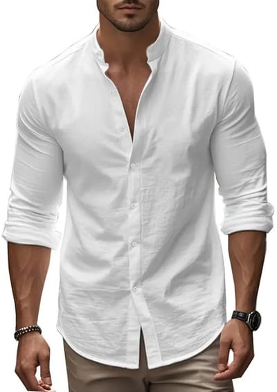 Livano Linnen Blouse Heren - t shirt - Polo - Overhemd - Shirt - Zomer - Ibiza Stijl - Wit - Maat S