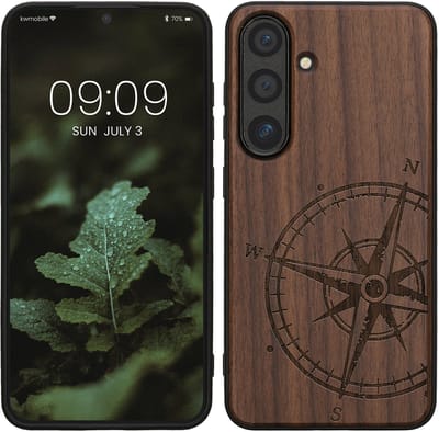 kwmobile telefoonhoesje geschikt voorSamsung Galaxy S25 - Hoesje met bumper - hout - In donkerbruin Vintage Kompas design