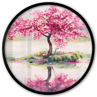 Poster in lijst Rond - Fotolijst 40x40 cm - Posters - Schilderij - Bloesem - Bloesemboom - Water - Olieverf - Ronde posterlijst zwart - Decoratie - Wanddecoratie woonkamer - Muurdecoratie slaapkamer
