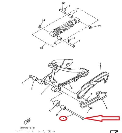 Axe bras oscillant pour moto Yamaha 50 TY 1977 288-22141-00 Ø10 M10x1.25 Neuf