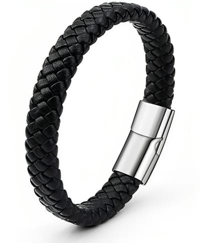 Armband Heren - Zwart Leer met Stalen Sluiting - Leren Armbanden - Papa Cadeau Voor Mannen - Vaderdag