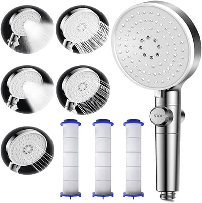Dailygoods- Douchekop Antikalk met Filter - Waterbesparend - Hoge Druk - Handdouche met Stopknop - 5 Straalsoorten - Vervangbaar PP-katoenen Filter