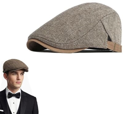 KZQ Herenpet - Ivy Hat - Verstelbare baret - Klassieke platte pet van visgraattweed - Donker kaki