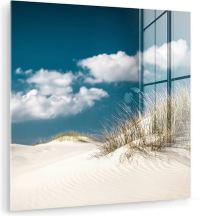 MuchoWow® Glasschilderij 50x50 cm - Schilderij acrylglas - Strand - Duinen - Gras - Foto op glas - Muurdecoratie woonkamer - Wanddecoratie slaapkamer - Schilderijen