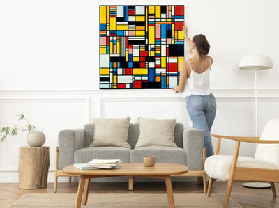 Acryl mondriaan schilderij | Prisma-geïnspireerde meesterwerk: Briljante abstracte geometrie in levendige acrylkleuren | Kunst - 80x80 centimeter op Forex | Foto op Forex