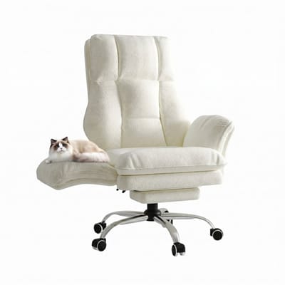 NordHaus Grote en Hoge Bureaustoel - Ergonomische Gamingstoel - Executive Computerstoel - Opklapbare Armleuningen - Witte Teddy Fleece met Voetensteun
