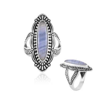 Cavill - Verstelbare Zilveren Ring - 925 Sterling Zilver - Blauwe Kant Agaat Cabochon 2,655 ct - Ovaal Bezel - Boho Filigraan Gravure