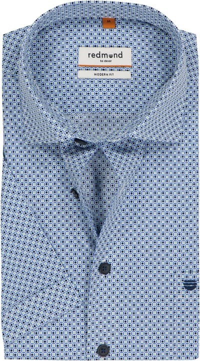 Redmond modern fit overhemd - korte mouw - popeline - blauw met wit en groen dessin - Strijkvriendelijk - Boordmaat: 39 - 40