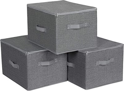Famanu – Opbergboxen met deksel, set van 3, Opvouwbare stoffen dozen met handvaten, voor het opbergen van kleding en spiegelspullen, grijs