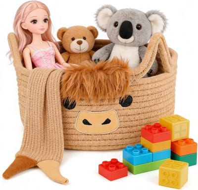 Opbergmand voor kinderen van katoen met handgrepen, ideaal voor kinderkamer, speelgoedopslag en decoratie in koeiendesign