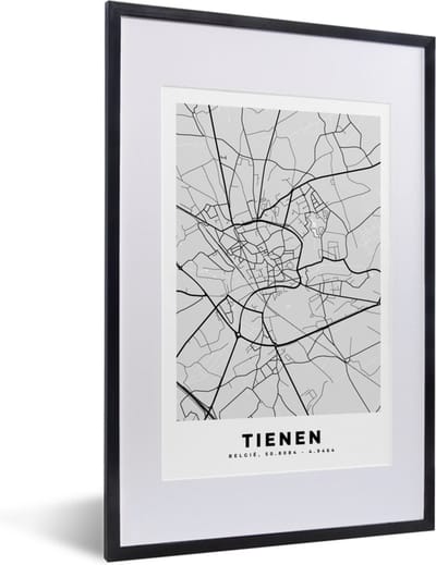 Fotolijst incl. Poster Zwart Wit- Zwart Wit – België – Plattegrond – Stadskaart – Kaart – Tienen - 40x60 cm - Posterlijst