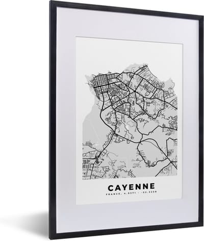 Fotolijst incl. Poster - Plattegrond - Cayenne - Stadskaart - Kaart - Frankrijk - 30x40 cm - Posterlijst