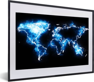 Poster in lijst - Fotolijst 60x40 cm - Posters - Wereldkaart - Blauw - Zwart - Posterlijst zwart - Decoratie - Wanddecoratie woonkamer - Muurdecoratie slaapkamer