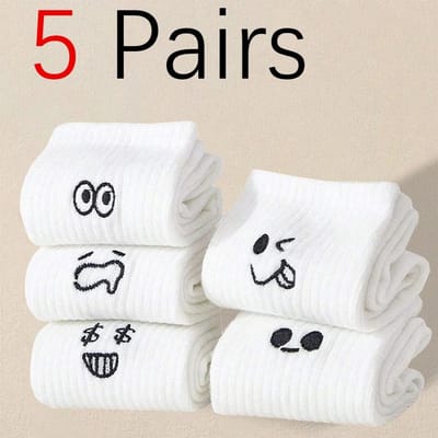 5/10/20 Paires Chaussettes Blanches Cartoon Hommes Femmes Tendance Polyvalentes Expression Chaussettes Fille Douces Respirantes Confortables Chaussettes Décontractées One Size white