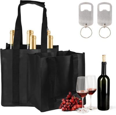 2-Piece Foldable Bottle Basket Bottles Carrier For 6 Bottles 27x18x27 CM Beer Carrier with 2 Bottle Openers Stainless Steel Black Drinks Basket for Beer and Wine Drinks Bag