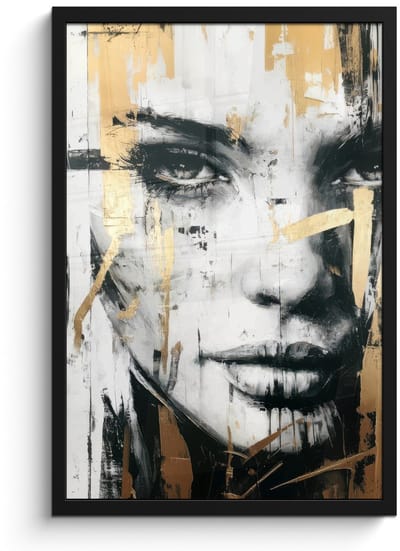 Poster in lijst - Fotolijst 40x60 cm - Posters - Portret - Vrouw - Penseelstreken - Goud - Posterlijst zwart - Decoratie - Wanddecoratie woonkamer - Muurdecoratie slaapkamer