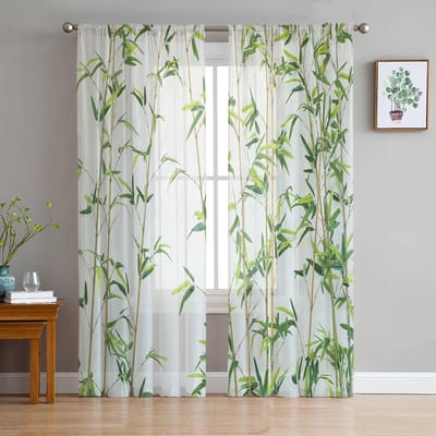Bamboe Groen Wit Chinese Stijl Plant Tule Transparante Gordijnen voor Woonkamer Slaapkamer Keuken Decoratie Voile Organza Gordijnen 135W x 137H(cm)