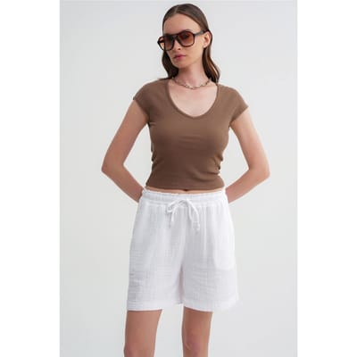 Hoge Taille Textuur Katoenen Shorts