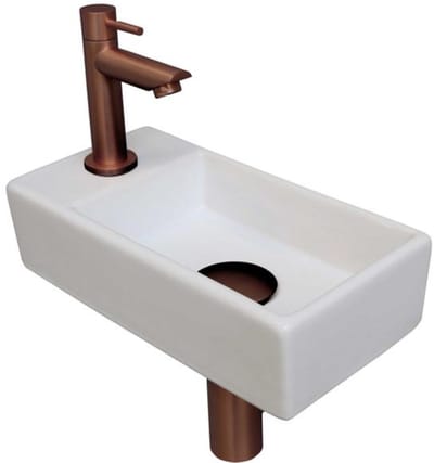 INK - Fonteinpack Porselein Links incl. Fonteinkraan - Design Sifon - Design Plug en Montageset - 360x180x90 Mm - Glans Wit/mat Rose Goud