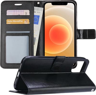 Hoesje - Met Pasjeshouder - Geschikt voor Apple iPhone 12 - Luxe Bookcase Portemonee - Flip Case - Kunstleer Book Case - Flipcase - Book Cover - Walletcase - Portemonneehoes - Telefoonhoesjes - Zwart