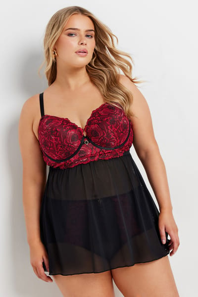 Yours Voorgevormde Babydoll Met Bloemenkant En Beugel In Rood/Zwart Size 85B