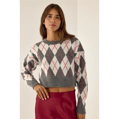 Ronde Hals Korte Sweater met Ruitenpatroon