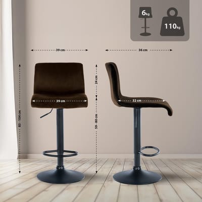 CLP Barkruk Hover - met rugleuning - verstelbaar - draaibar - metalen frame - fluweel - zwart/bruin