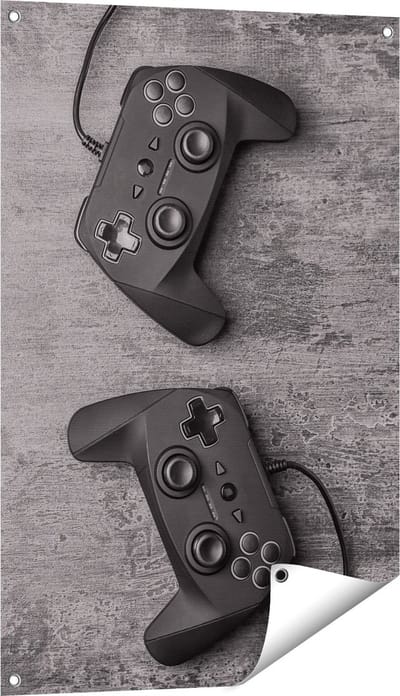 Gards Tuinposter Twee Game Controllers op Tafel - Gaming - 60x90 cm - Tuindoek - Tuindecoratie - Wanddecoratie buiten - Tuinschilderij