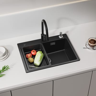 Sofetiy Max spoelbak Keuken 60x45cm Antraciet - Granieten spoelbak met Zeepdispenser 300ml - Spoelbakken met afdruip - Enkele spoelbak Met Afdruiprek - Antraciet