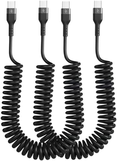 2 stuks spiraalkabels USB C (0,4 m - 1,5 m) voor snelladen, ideaal voor Android Auto en iPhone 17, Galaxy S24, Pixel en iPad
