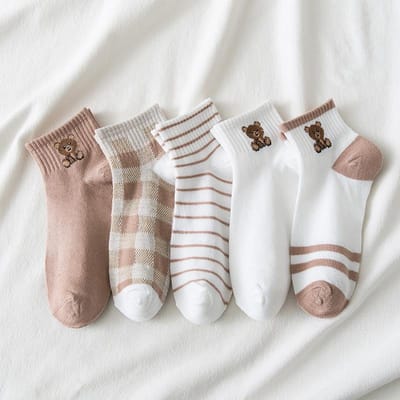 5 paar teddybeer enkelsokken, comfortabele schattige korte sokken met ronde hals, dameskousen en kousen gray